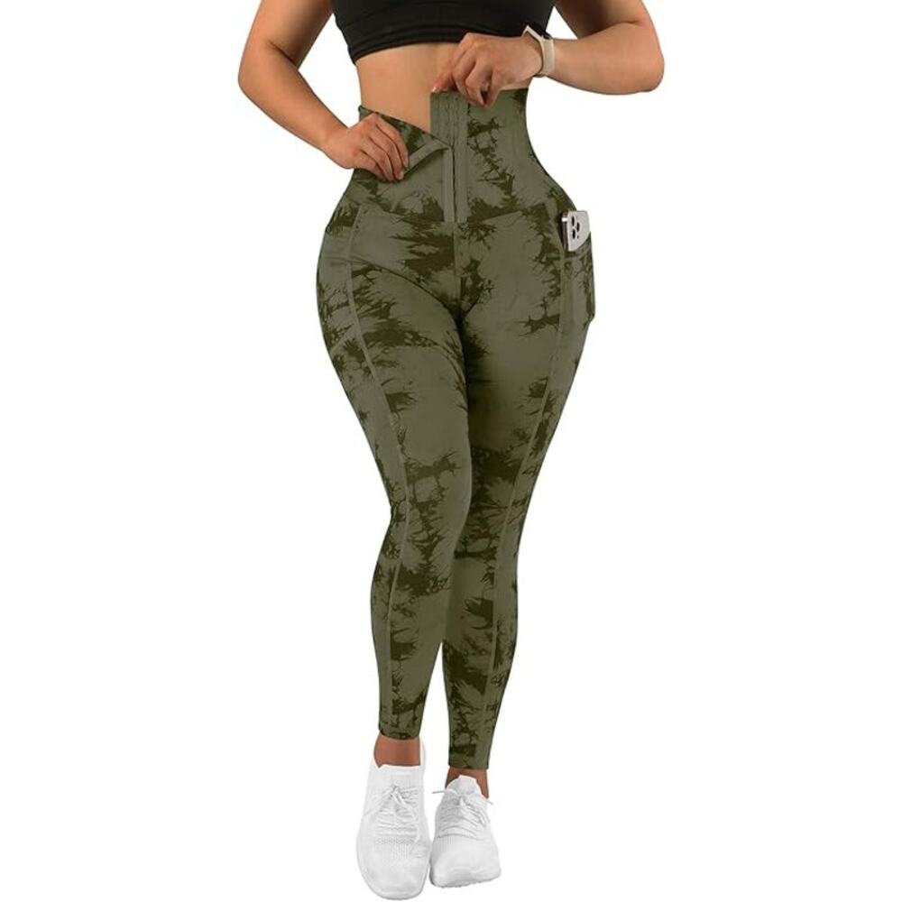 MOOSLOVER Women Corset High Waisted Leggings Pockets Tummy Control Shaper L